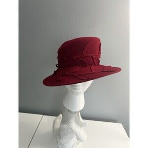 NWT Betmar NY Wide Brim Red Embellished Church Hat 100% Wool Bucket Derby Hat